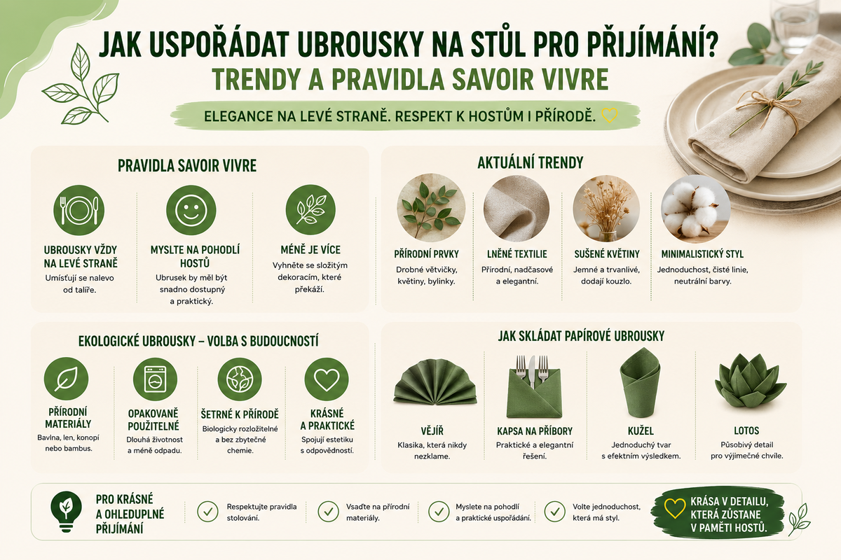 Jak uspořádat ubrousky na stůl pro přijímání?