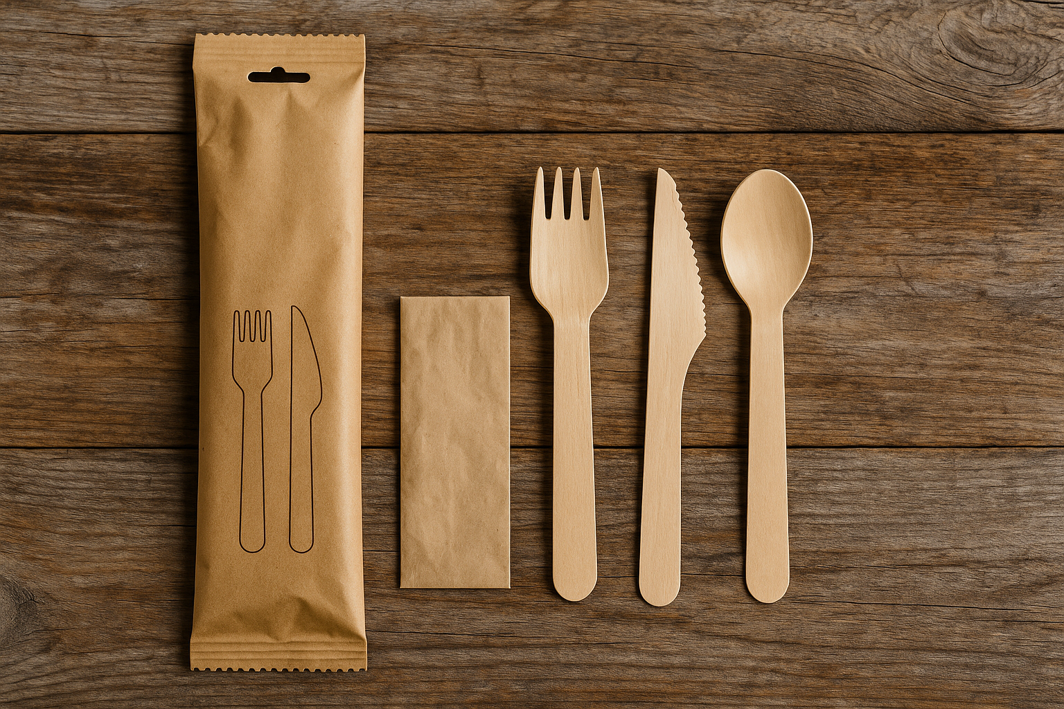 Ekologiczny zestaw 30 sztućców z drewna wraz z serwetką