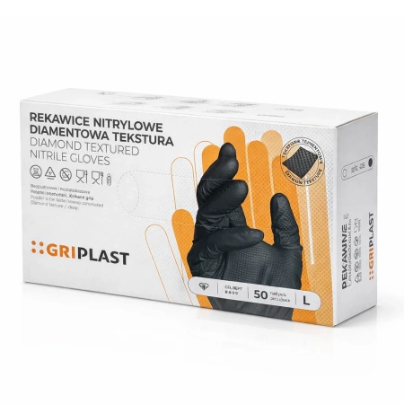 Nitrilové nepudrované černé rukavice s diamantovou texturou v krabičce, "L", 50 ks
