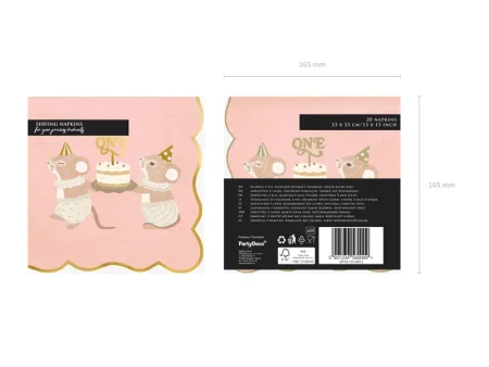 2vrstvé papírové ubrousky „Růžové myšky“, 33 × 33 cm, 12 ks