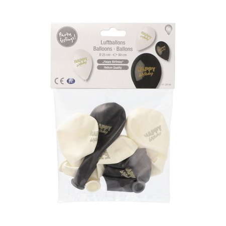 Balóny "Happy Birthday" černé a bílé, průměr 25 cm, 6 ks.