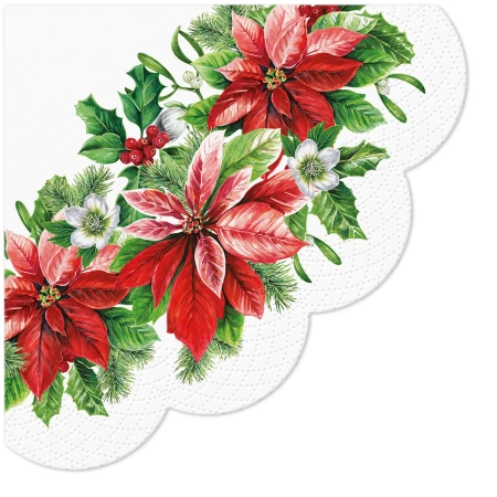 Ubrousky kulaté trivrstvé „Poinsettia“, 1/4, průměr 32 cm, 12 ks