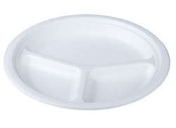 Kulatý talíř z cukrové třtiny, kulatý, trojboký Průměr 26 cm. 50 ks.