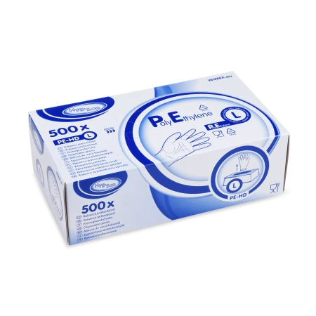 Průhledné hdpe jednorázové rukavice v krabičce, "L", 500 ks