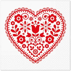 Třívrstvé ubrousky "Folk Hearts", 1/4, 33 x 33 cm 20 ks