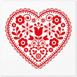 Třívrstvé ubrousky "Folk Hearts", 1/4, 33 x 33 cm 20 ks